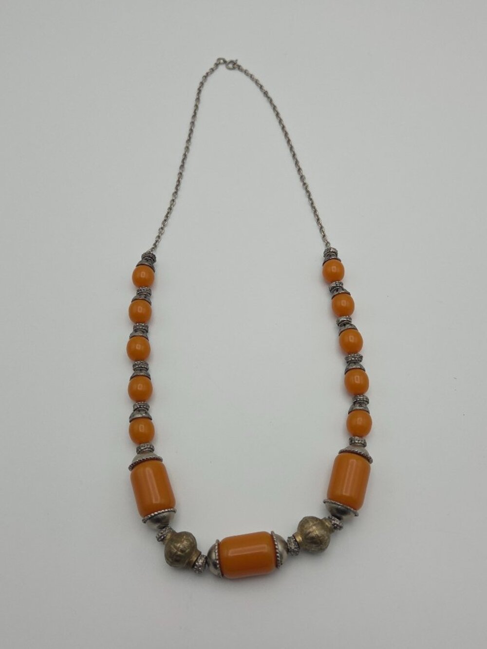Vintage Orange Bead Necklace Mixed Metal